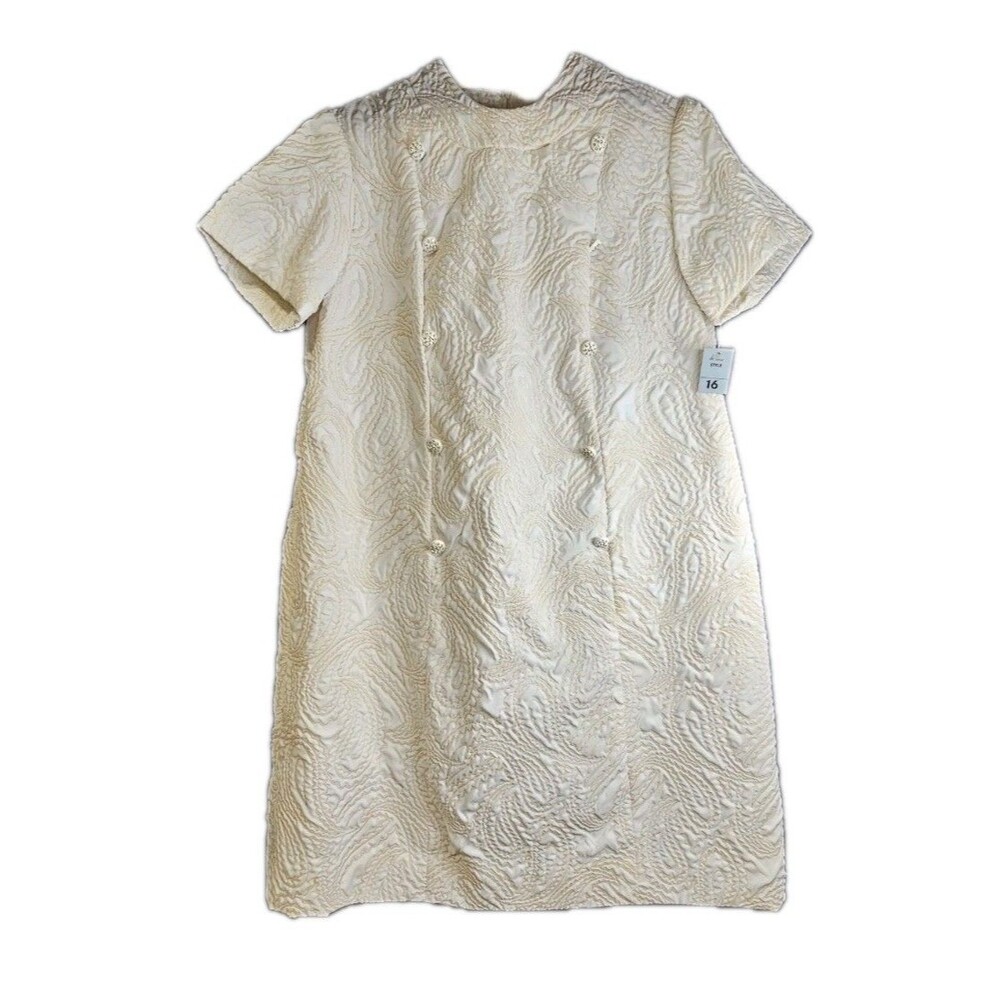 Vintage 1960s Batelli Deadstock Ivory Trapunto Paisley Shift Dress NOS